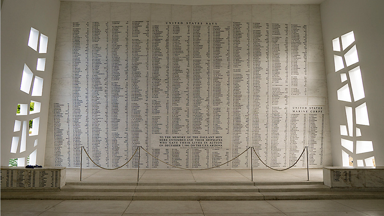 The Shrine Room of the USS Arizona Memorial holds the names of the 1,177 sailors and Marines who were killed aboard the USS Arizona during the attack of Dec. 7, 1941. The Tree of Life on both sides of the marble wall was created by USS Arizona Memorial architect Alfred Preis, and is a symbol of renewal to inspire contemplation. (Spectrum News/Sarah Yamanaka)