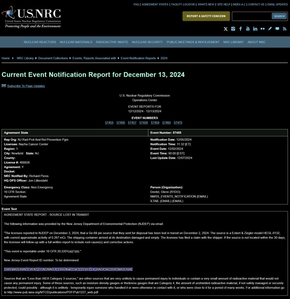 ニュージャージー州で放射性物質が紛失 - 米国原子力規制委員会からの緊急警報