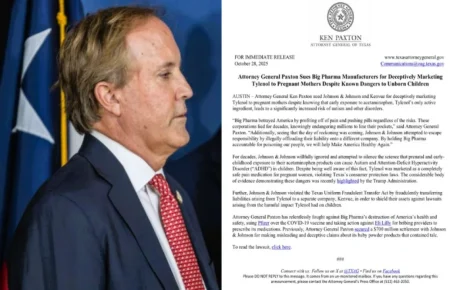 BOOM!!! BIG PHARMA ON TRIAL – TEXAS ATTORNEY GENERAL SUES JOHNSON & JOHNSON: Tylenol Linked to Autism Risk in Unborn Children – “We Will Make America Healthy Again,” Says Ken Paxton